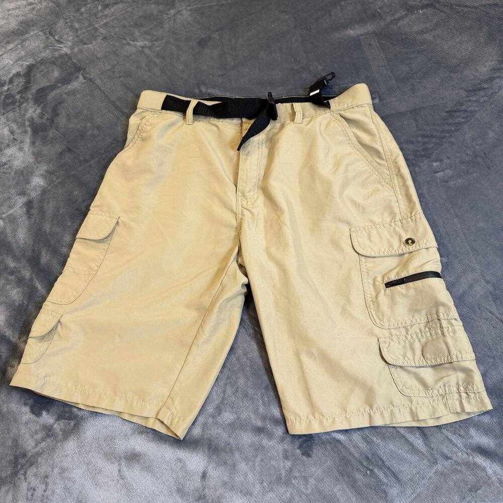 Denali Mens Performance Cargo Shorts Sz 32 Tan Beige Belted Hiking Trail Gorp